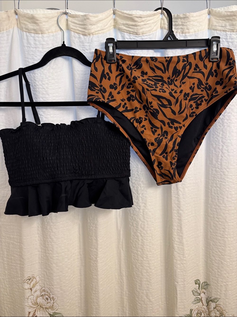 Two-Piece Swim Set - Black Ruffled Top & Rust Floral High-Waist Bottoms